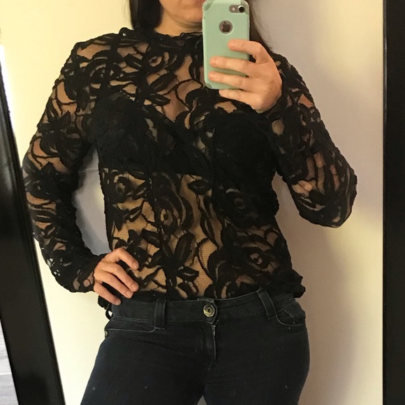 Black lace mock turtleneck blouse - Picture 2 of 8